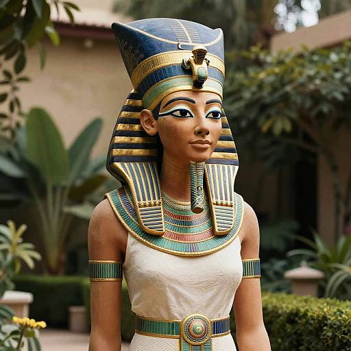 Digital artwork of an ancient Egyptian woman with dark skin, blue and gold headdress, striped collar, white dress, and detailed jewelry, standing in a