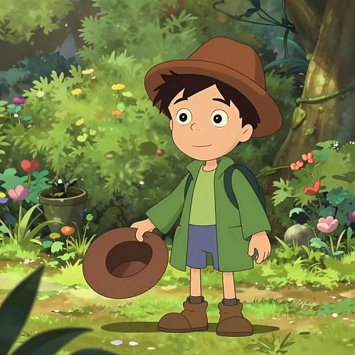 Digital drawing of a young boy with black hair, green jacket, blue shorts, brown hat, holding hat, standing in lush, colorful forest.