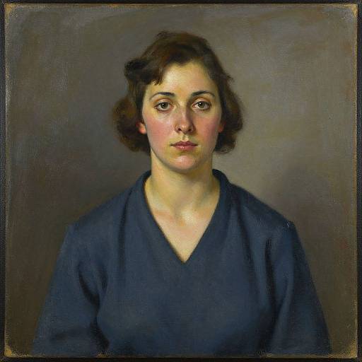 Oil painting of a Caucasian woman with short brown hair, fair skin, and brown eyes, wearing a dark blue V-neck blouse, against a muted gray