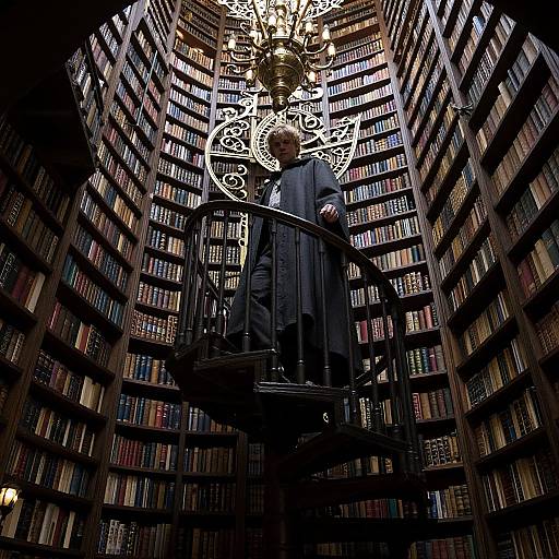 Photograph of a silhouetted figure in a black coat standing on a circular balcony amidst towering, illuminated bookshelves in a grand library with
