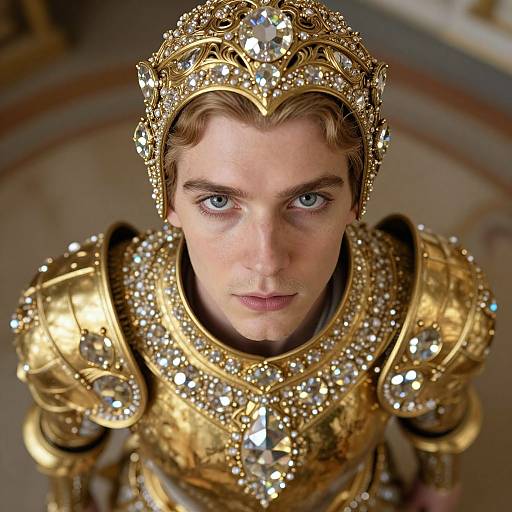 Photograph of a young man with blue eyes, wearing elaborate, glittering gold armor adorned with diamonds, looking directly at the camera.