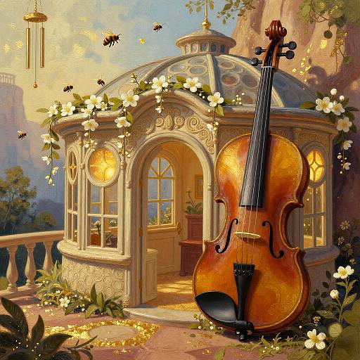 Whimsical digital painting of a golden sunlit gazebo with a large cello leaning against it, surrounded by white flowers, bees, and a