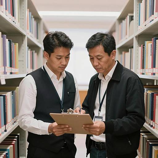 Two Men Reviewing Clipboard in Library Aisle