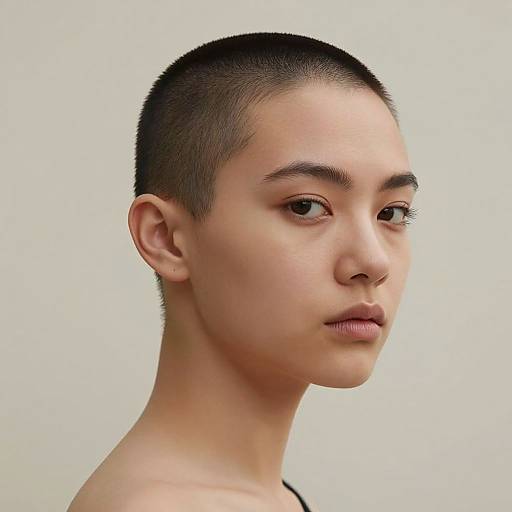 Photograph of an Asian person with a close-cropped haircut, light skin, neutral expression, and bare shoulders against a plain white background.