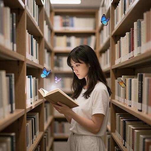 Photograph of a young woman with long black hair, wearing a white shirt and beige skirt, reading a book in a library aisle, surrounded by blue