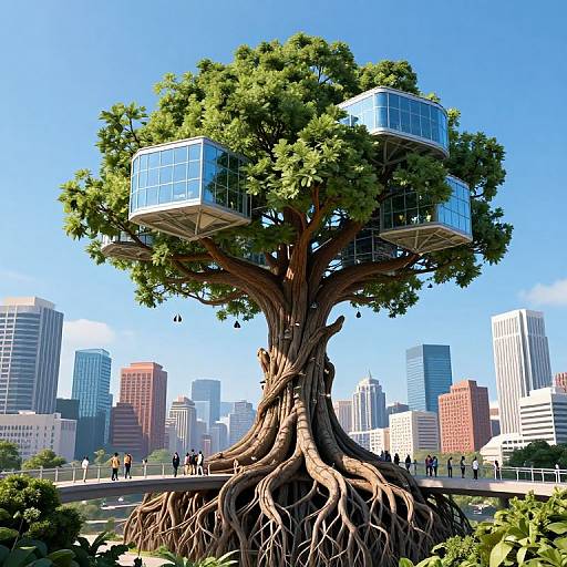 Photorealistic CGI: Giant tree with blue glass balconies in urban park, surrounded by skyscrapers, people walking on path below.