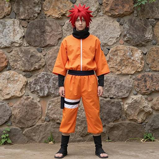 Young Male in Orange Ninja Costume with Red Spiky Hair