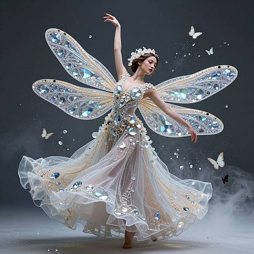 Photograph of a fairy-like woman with sparkling, iridescent wings, wearing a glittery white dress, surrounded by floating butterflies, against a dark