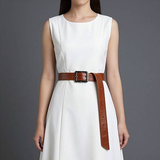 Photograph of an Asian woman with long black hair, wearing a sleeveless white dress with a brown leather belt and square buckle. Gray background.