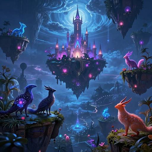 Fantasy digital art: Blue and pink luminescent deer surround a glowing, floating castle with a radiant blue moon above, surrounded by mystical floating islands