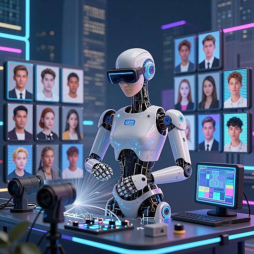 Photorealistic CGI of a white, female humanoid robot with a virtual reality headset, standing in a futuristic control room with screens displaying diverse faces.