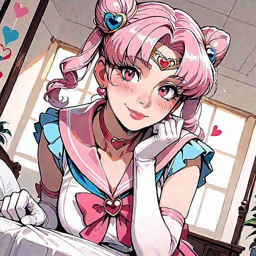 Digital anime-style drawing of a pink-haired, red-eyed Sailor Moon character with heart accessories, white gloves, and blue sailor outfit, leaning on a desk