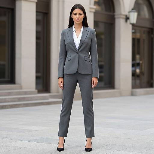 Photograph of a serious-looking woman with long black hair, wearing a gray suit, white shirt, and black heels, standing on a stone-paved