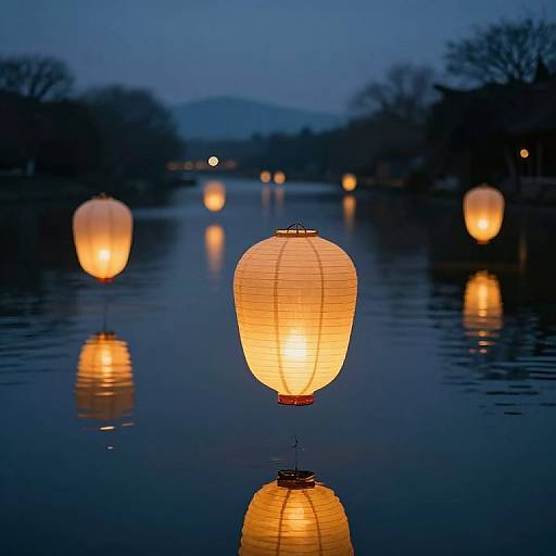 Photograph of glowing orange paper lanterns floating on a calm, dark blue evening lake, reflecting light, with silhouetted trees in the background
