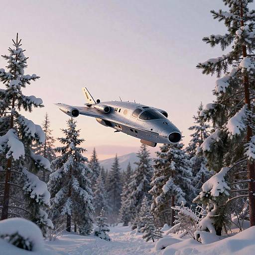 Silver Spaceship Descends into Snowy Pines