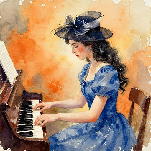 Watercolor painting of a woman with long black hair, wearing a blue dress and black hat, playing piano against an orange background.