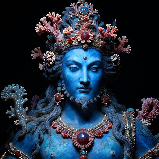Photograph of a blue, intricately detailed statue of a deity with flowing hair, coral and gemstone-adorned crown, necklace, and shoulder