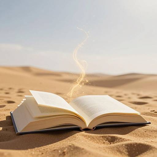 Photograph of an open book on sandy dunes, sunlight streaming from its pages, casting a magical, glowing effect. Bright sky in background.