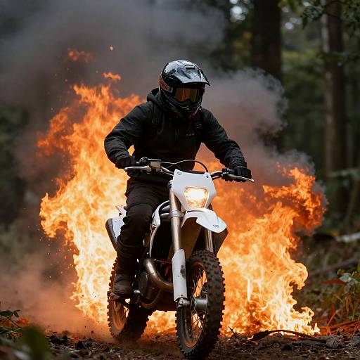 Motorcyclist Riding Through Forest Flames