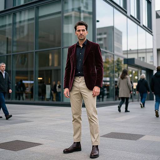 Photograph of a handsome man with short dark hair and beard, wearing a dark maroon velvet blazer, black polka-dot shirt, beige pants