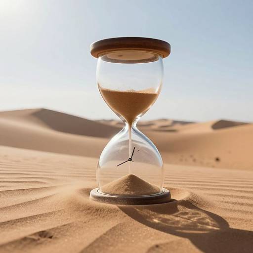 Photograph of a glass hourglass with brown sand, set on golden desert sand dunes under a clear blue sky.