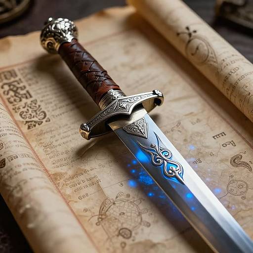 Photograph of an ornate, silver-hilted sword with blue glowing runes, resting on an antique, parchment-covered book with intricate, medieval-style