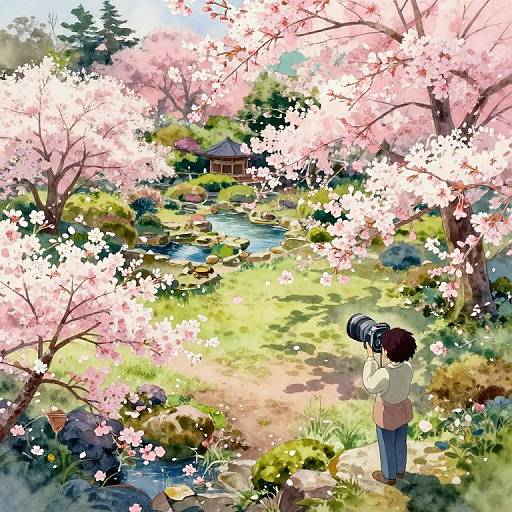 Watercolor Ghibli Cherry Blossom Garden