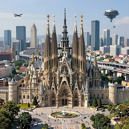 Photograph of a Gothic-style cathedral with tall spires, surrounded by modern skyscrapers, flying drones, and a small crowd in front. Bright