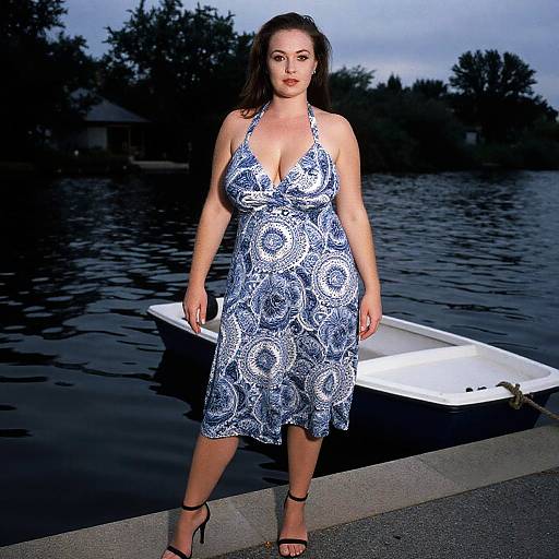 Photograph of a brunette woman in a blue and white patterned halter dress, standing by a white boat on a dark, reflective lake at dusk