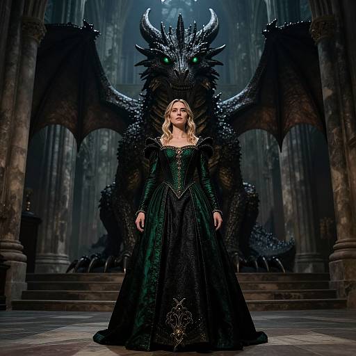 Photograph of a blonde woman in a black, ornate medieval gown standing before a large, dark, dragon-like throne with glowing eyes in a Gothic