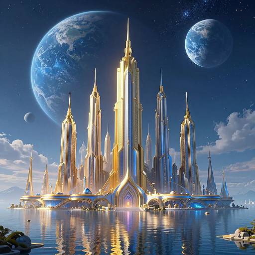 Digital artwork of a futuristic, glowing skyscraper city with illuminated spires, surrounded by a calm reflective water surface, under a starry night sky with