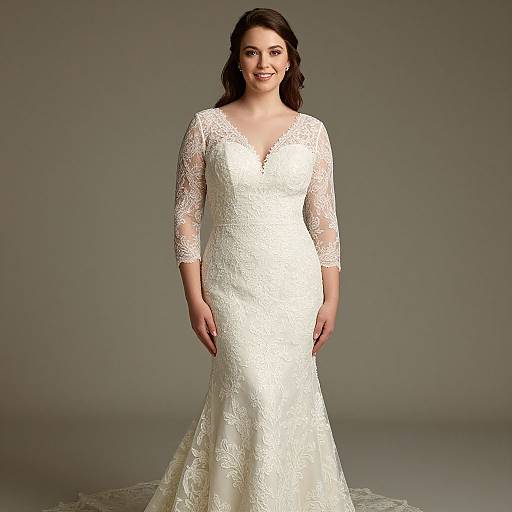 Photograph of a smiling, dark-haired woman in a white lace, long-sleeve, V-neck wedding dress with a flared skirt, standing