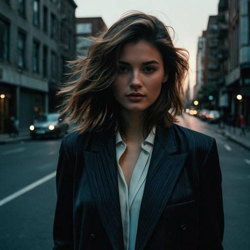Woman with Choppy Layers Hairstyle in Urban Street at Dusk