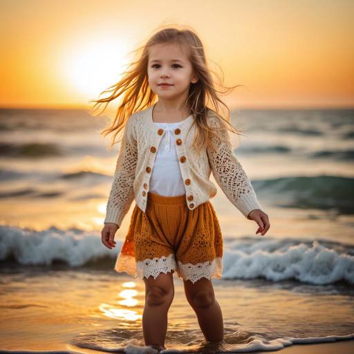 Toddler Girl Standing by Ocean at Sunset