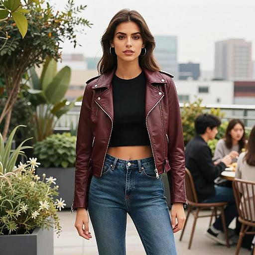 Chic Streetwear Woman at Rooftop Garden