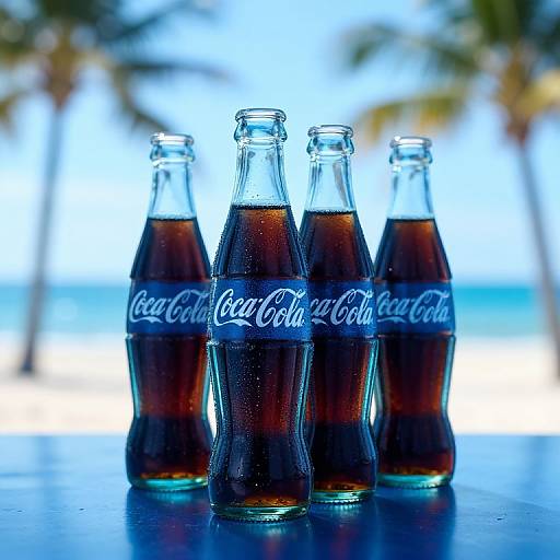 Photograph of four glass Coca-Cola bottles, filled with dark soda, standing on a blue reflective surface with blurred palm trees and ocean in the background.