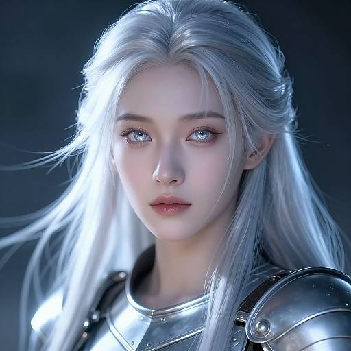 Digital CGI portrait of a pale-skinned, blue-eyed, long silver-haired woman in shiny, metallic armor, illuminated by soft, ethereal light.