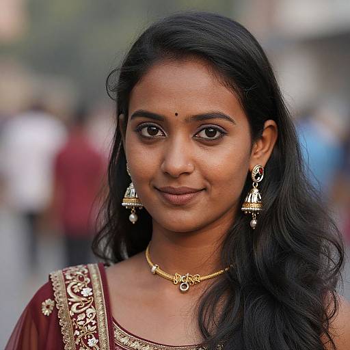 Photograph of an Indian woman with medium brown skin, long black hair, traditional maroon and gold embroidered saree, gold jewelry, and a bind
