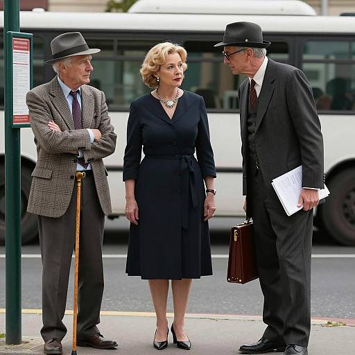 Three People at a Bus Stop Scene