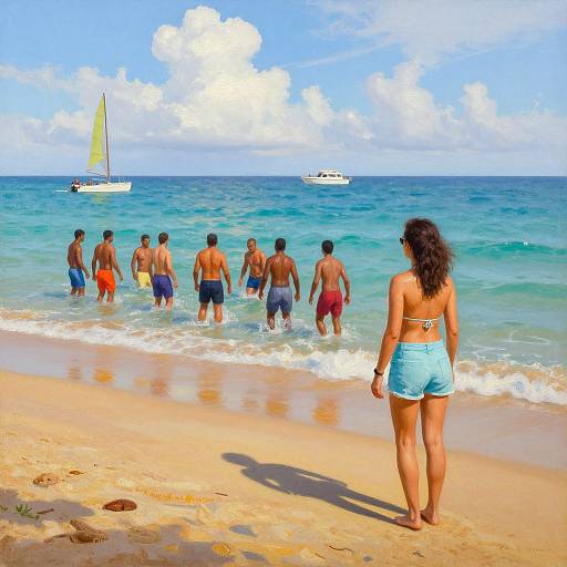 Photograph of a beach scene: woman in blue bikini watching shirtless men in colorful swim trunks entering turquoise sea; sailboat and white yacht in