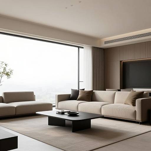 Modern living room photograph: beige sofas, dark wooden coffee table, large window with white light, brown curtains, gray carpet, minimalistic design.