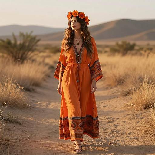 Woman in Orange Bohemian Dress in Desert