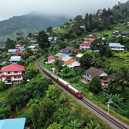 Aerial photograph of a red train traveling through a lush, green, mountainous village with colorful houses and misty hills in the background.