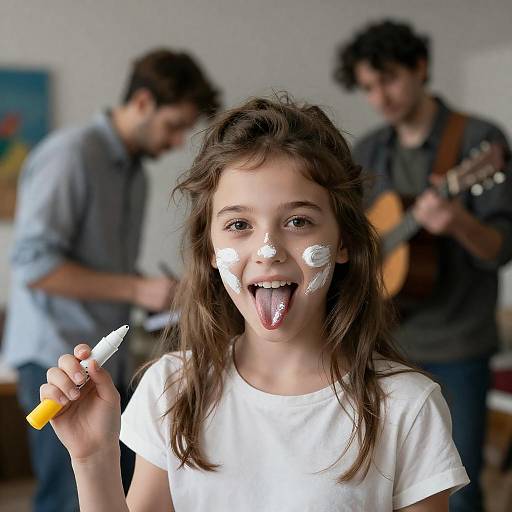 Young girl with paint on face holding marker