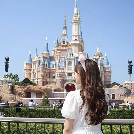 Photograph of a young girl with long brown hair, wearing a white dress and headband, gazing at a colorful, fairy-tale castle with