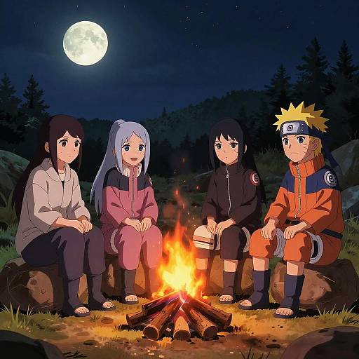 Four anime characters sit by a campfire under a full moon in a forest, wearing traditional ninja attire, in a digital drawing.