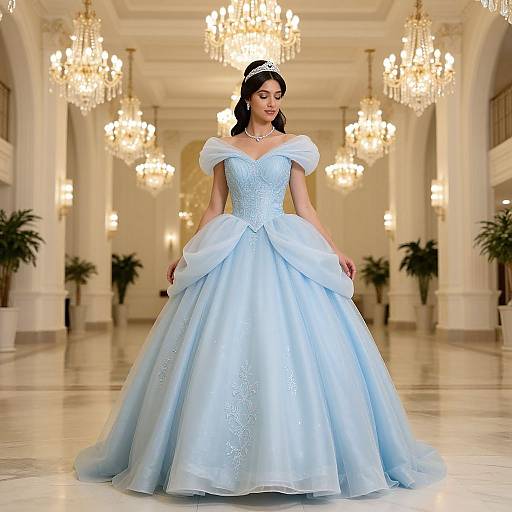 Photograph of a beautiful woman in an off-shoulder, light blue, full-skirted ball gown, standing in an opulent, ch