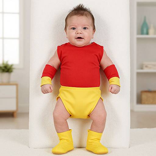 Photograph of a baby with light skin, short brown hair, wearing a red top, yellow bottom, red sleeves, and yellow boots, standing against