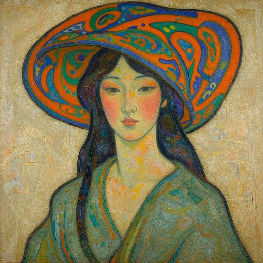 Expressionist painting of an Asian woman with long black hair, wearing a large, vibrant orange and blue patterned hat, and a green robe, against