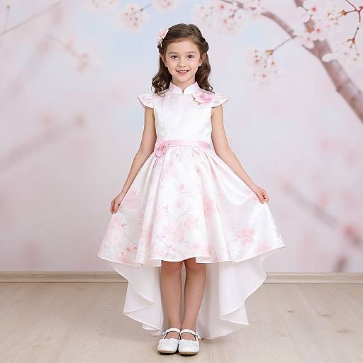 Smiling Girl in Cherry Blossom Dress